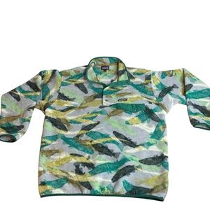 Rare Vtg PATAGONIA SYNCHILLA Fleece Pullover XL Snap T Flying Fish Trout Tails